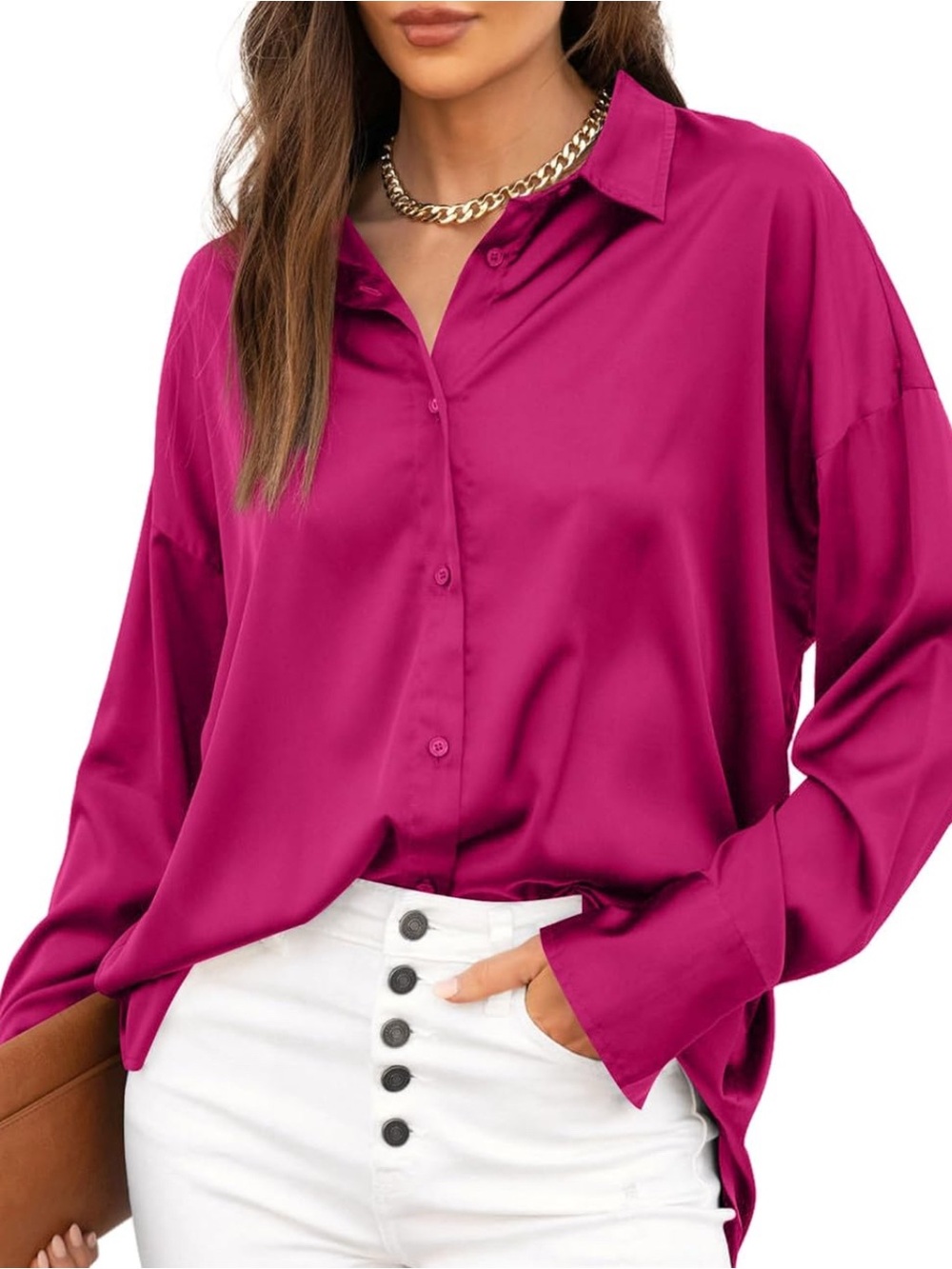 Women's Satin Button-Down Shirt in Fuchsia